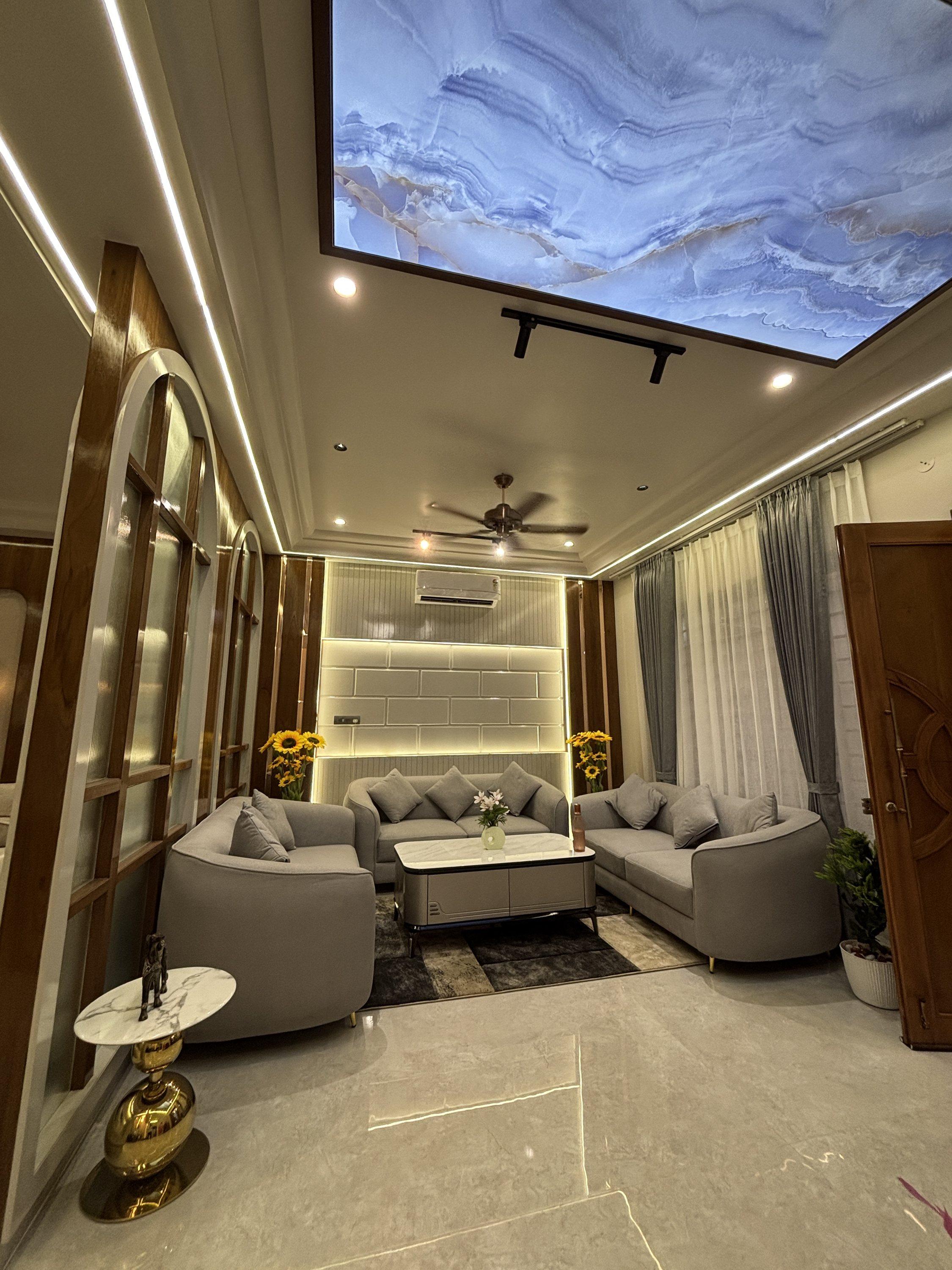 Lounge with a sky-painted ceiling feature