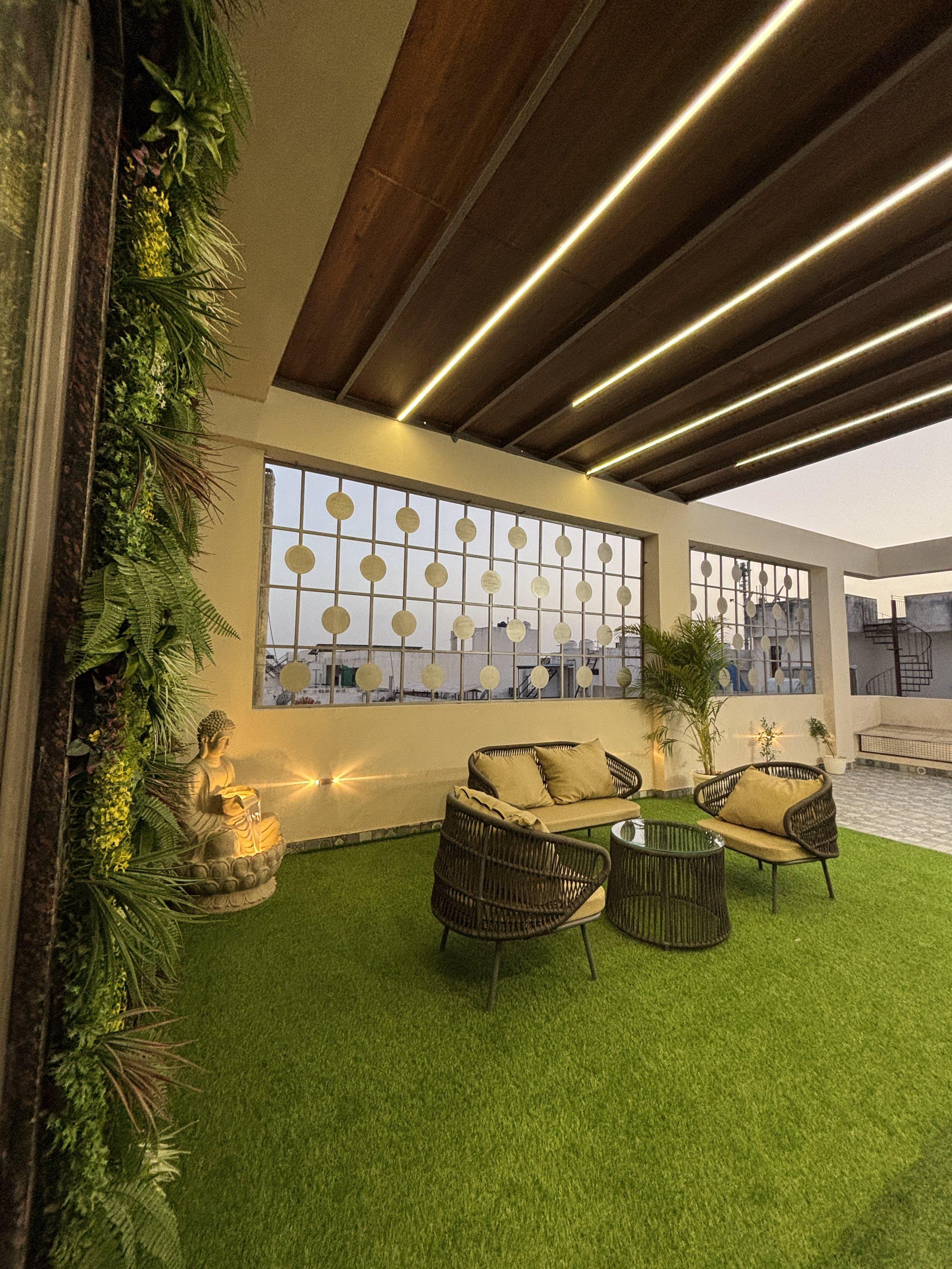 Open-to-sky party area with lawn