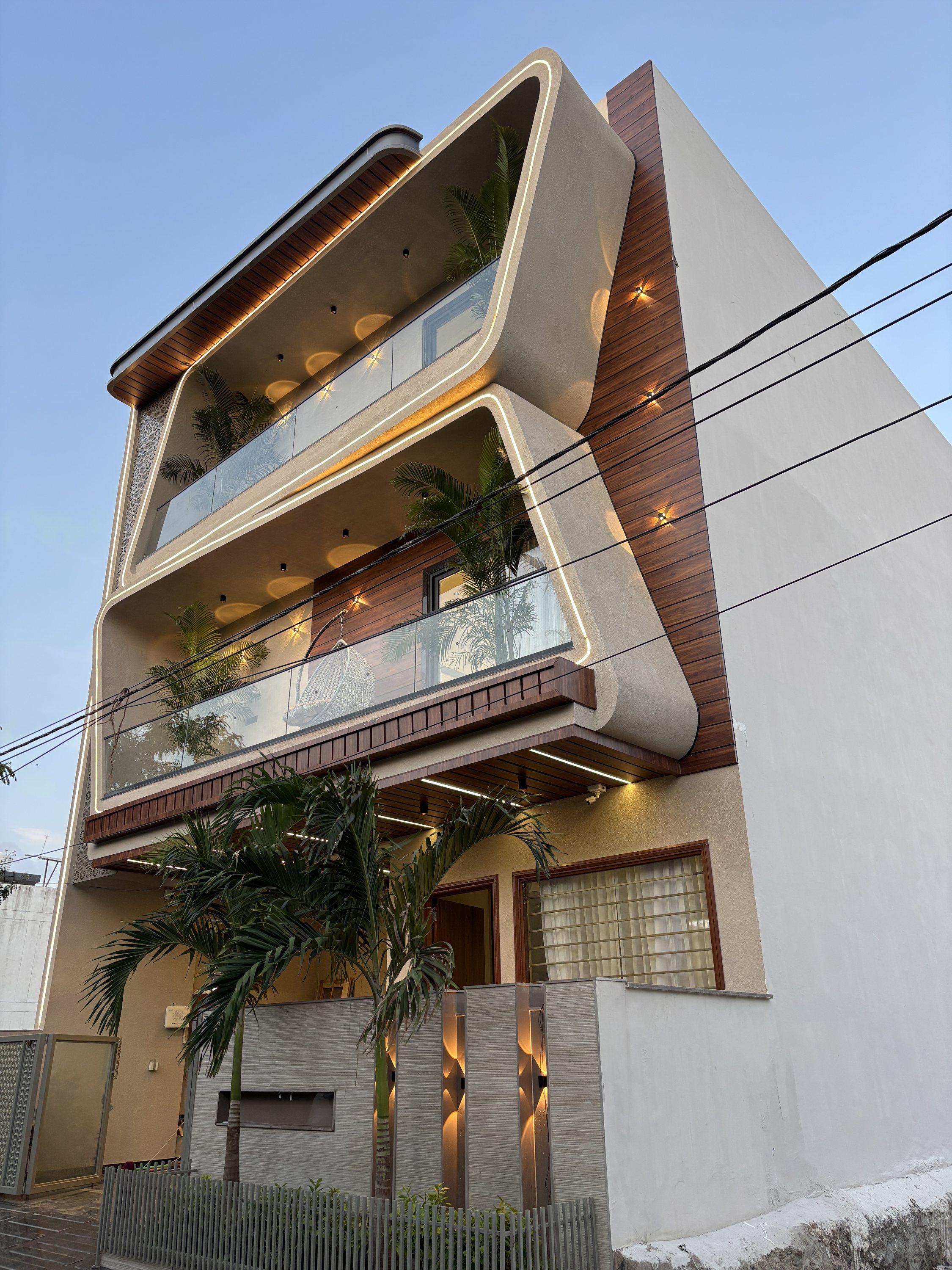 Facade lighting and landscaped entrance