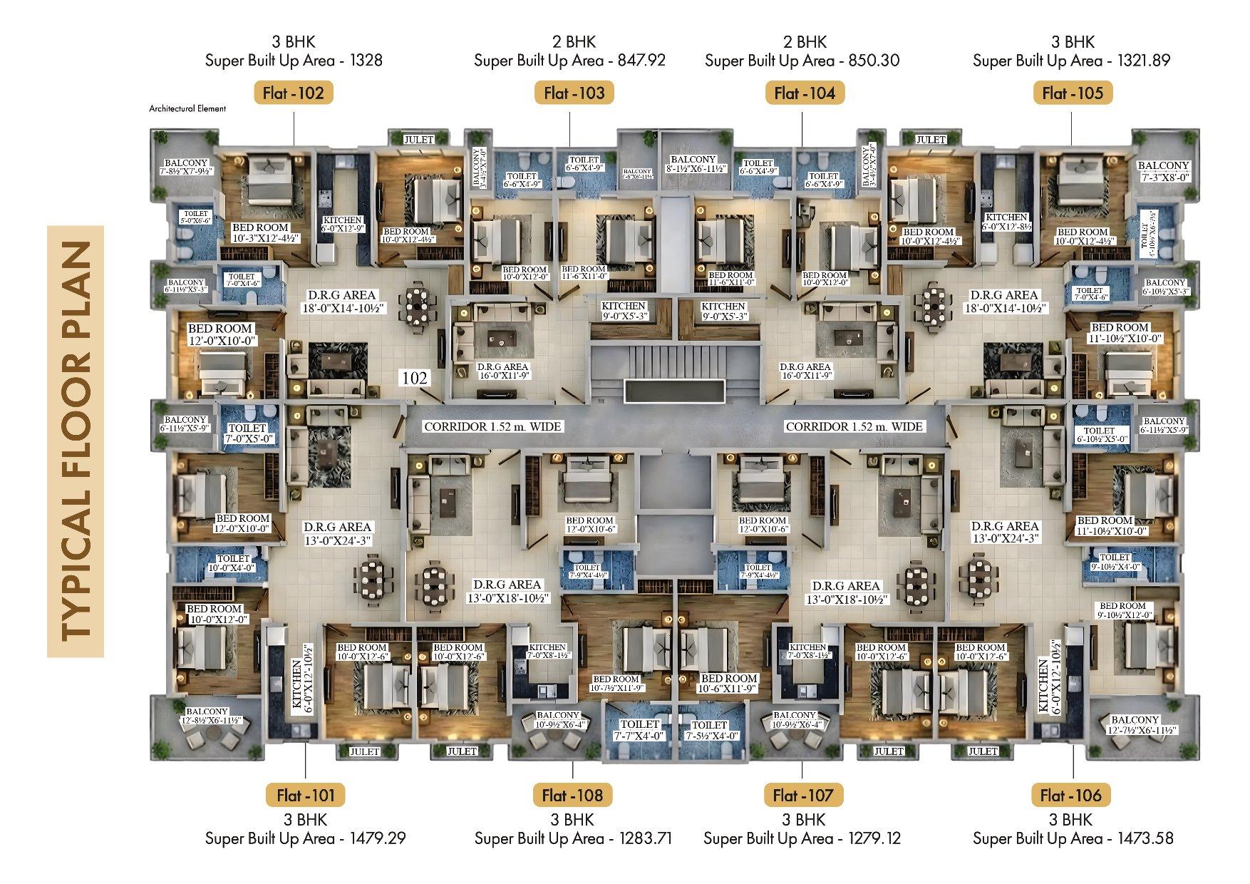 Sky Crown typical floor plan with flats 101 to 108