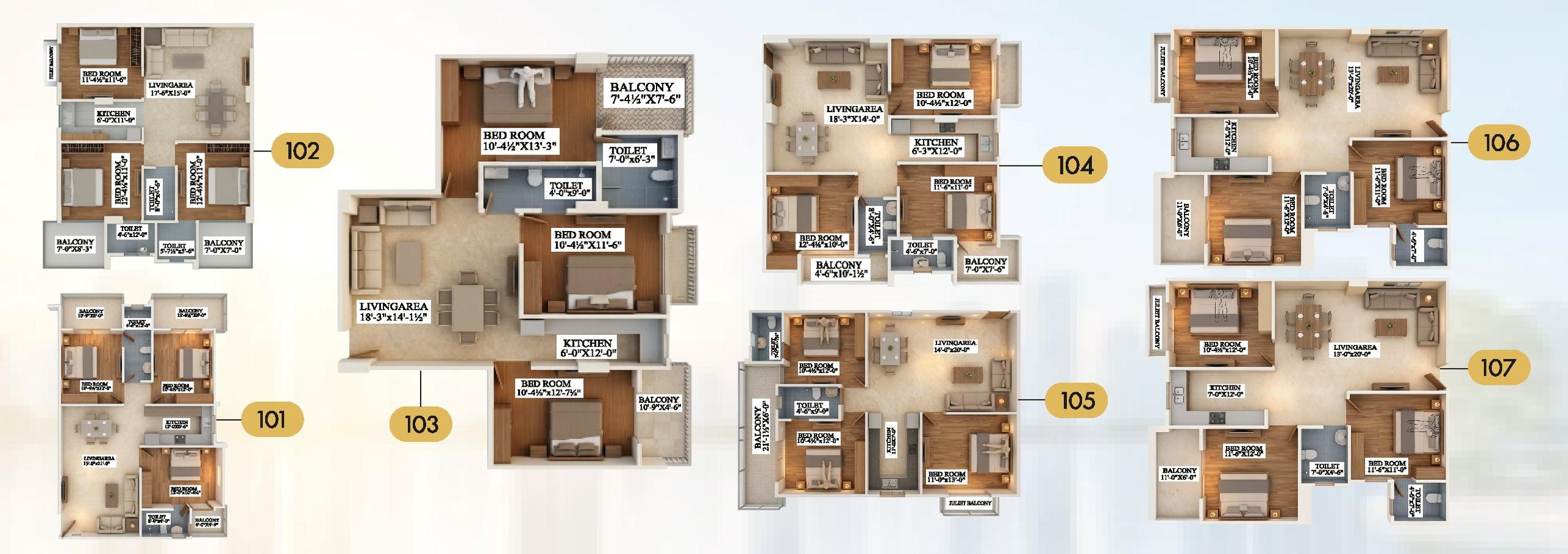 Sky Elegant 3 BHK unit plans, flats 101 to 107
