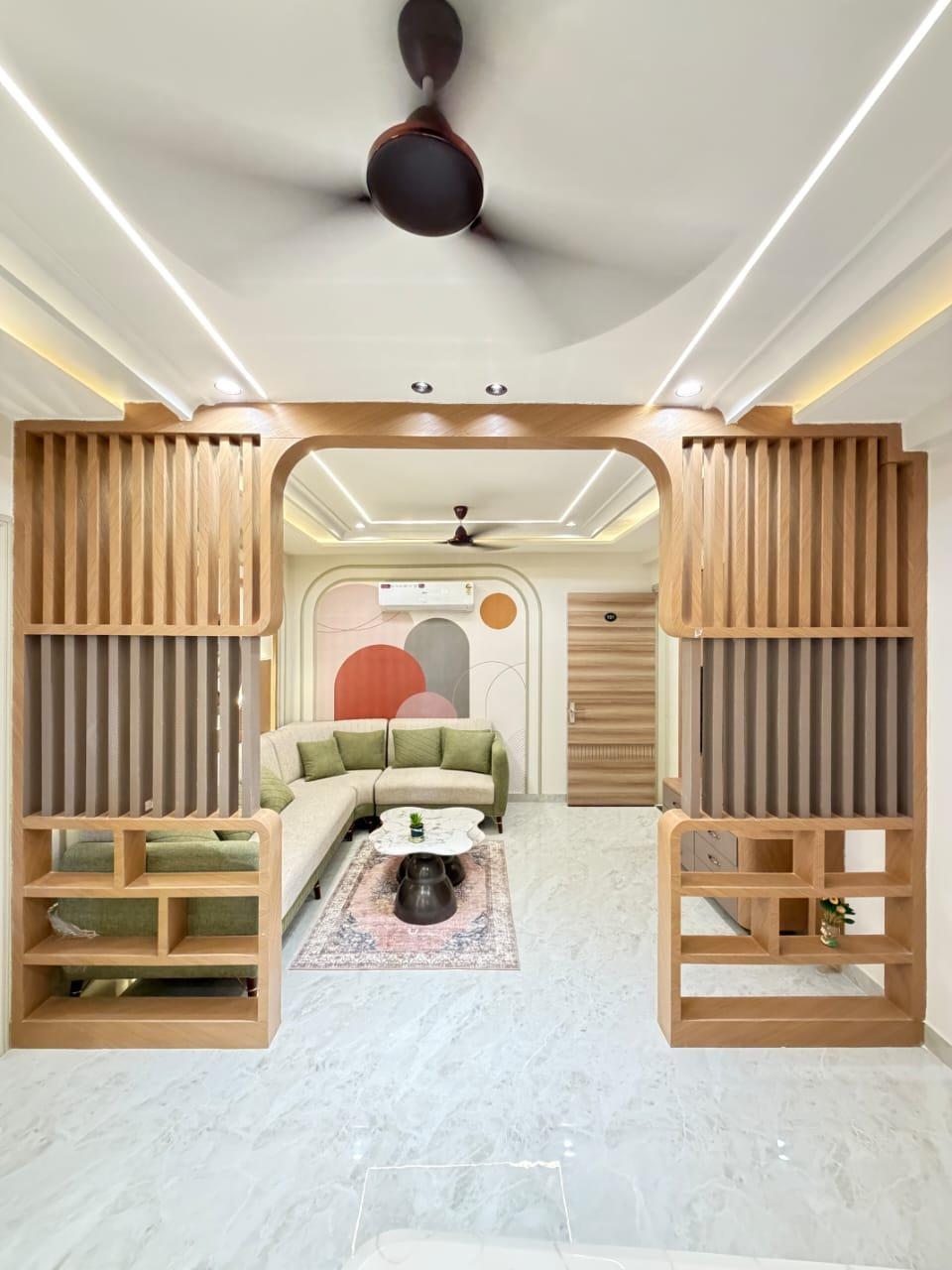 Living area with wooden partition